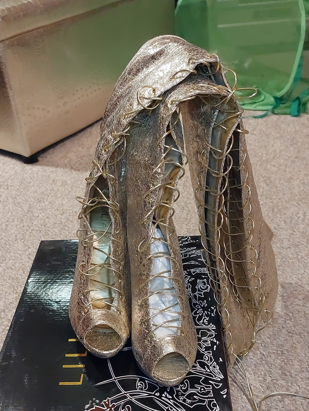 Beautiful Gold Thigh High Stilleto Boots With Open Toes